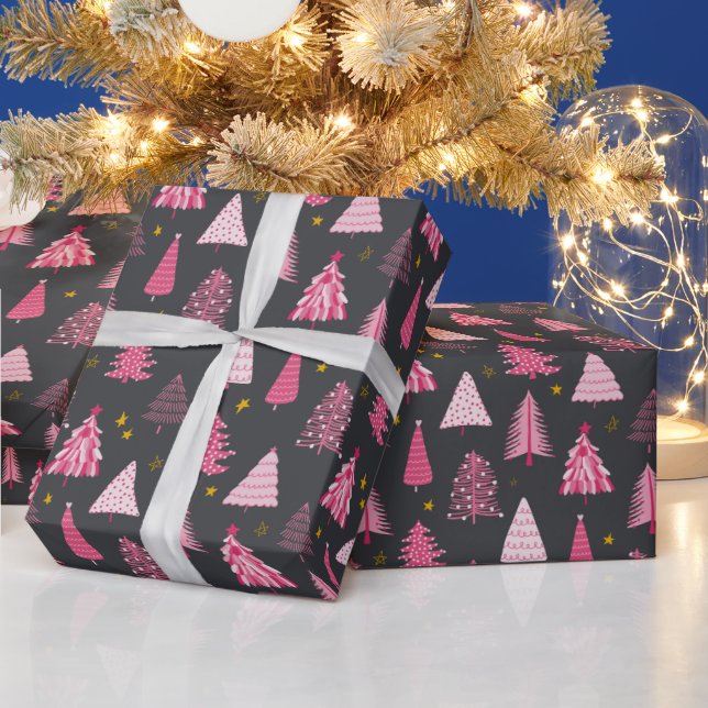 Grey & Pink Christmas Tree Pattern Wrapping Paper (Holidays)