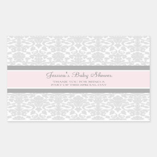Grey Pink Damask Baby Shower Favour Stickers