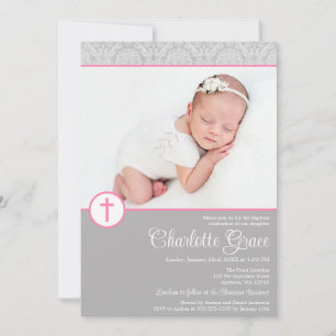 Grey Pink Damask Cross Girl Photo Baptism Invitation