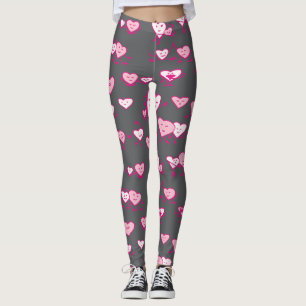 Grey Pink Dancing Hearts LOving Couples Valentine Leggings