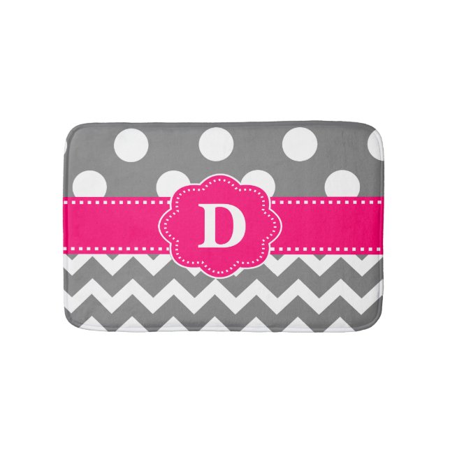 Grey Pink Dots Chevron Monogram Bathmat (Front)
