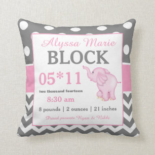 Grey Pink Elephant Baby Announcement Pillow