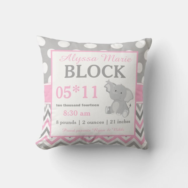 Grey Pink Elephant Baby Announcement Pillow (Front)