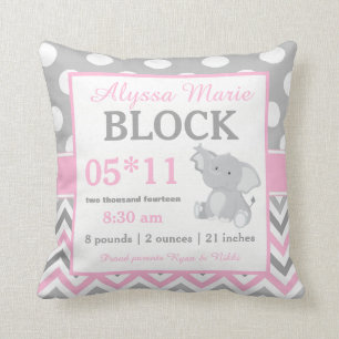 Grey Pink Elephant Baby Announcement Pillow