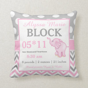 Grey Pink Elephant Baby Announcement Pillow