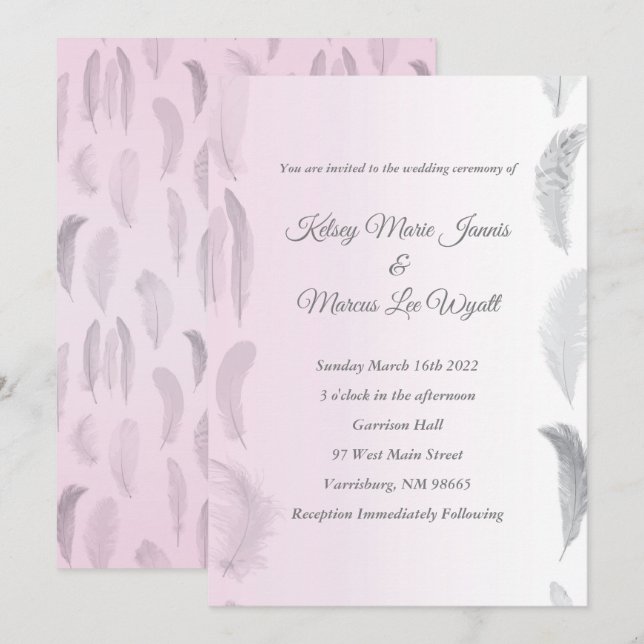 Grey Pink Feather Wedding Invitation (Front/Back)
