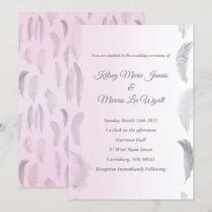 Grey Pink Feather Wedding Invitation