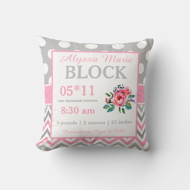 Grey Pink Floral Baby Announcement Pillow (Front)