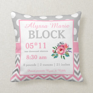 Grey Pink Floral Baby Announcement Pillow