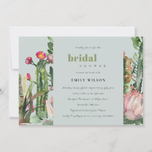 GREY PINK FLORAL CACTI FOLIAGE BRIDAL SHOWER INVITATION