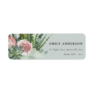 GREY PINK FLORAL CACTI FOLIAGE WATERCOLOR ADDRESS RETURN ADDRESS LABEL