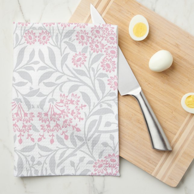 Grey Pink Floral Damask Pattern Tea Towel (Quarter Fold)