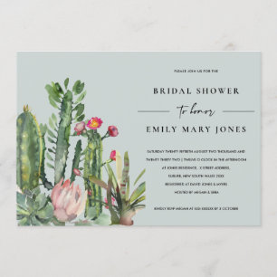 GREY PINK FLORAL DESERT CACTI FAUNA BRIDAL SHOWER INVITATION