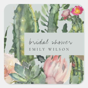 GREY PINK FLORAL DESERT CACTI FAUNA BRIDAL SHOWER SQUARE STICKER