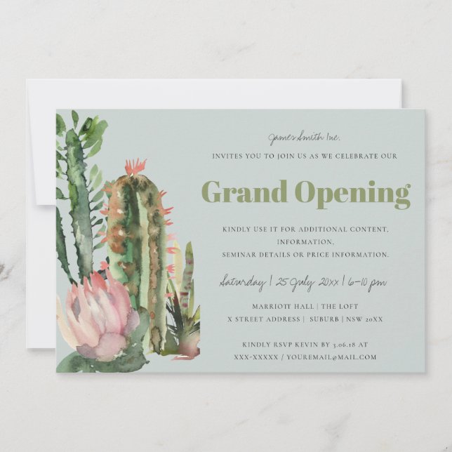 GREY PINK FLORAL DESERT CACTI FAUNA GRAND OPENING INVITATION (Front)
