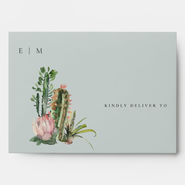 GREY PINK FLORAL DESERT CACTI FOLIAGE ADDRESS ENVELOPE (Front)