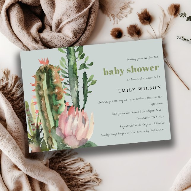 GREY PINK FLORAL DESERT CACTI FOLIAGE BABY SHOWER INVITATION (Creator Uploaded)