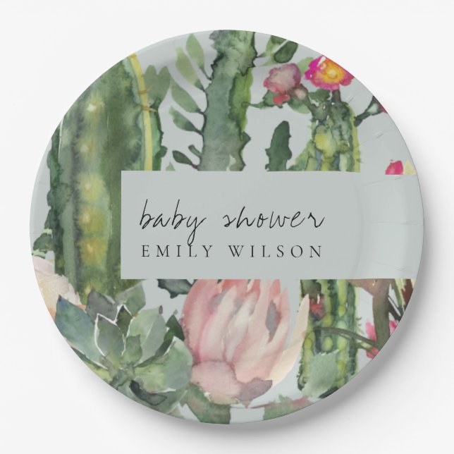 GREY PINK FLORAL DESERT CACTI FOLIAGE  BABY SHOWER PAPER PLATE (Front)