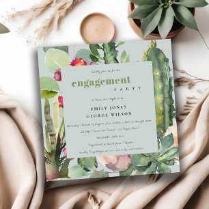 GREY PINK FLORAL DESERT CACTI FOLIAGE ENGAGEMENT INVITATION