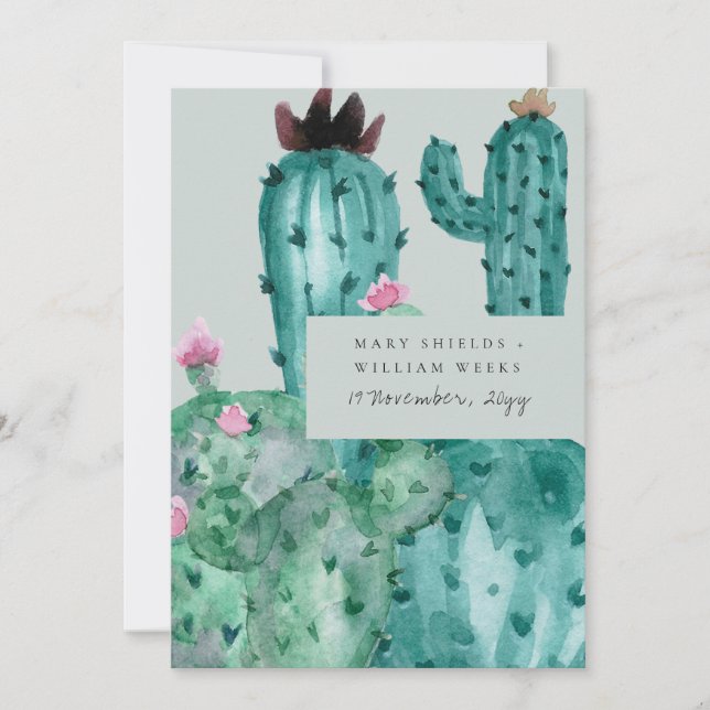 Grey Pink Floral Desert Cacti Foliage Invitation (Front)