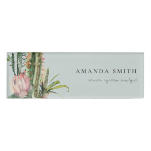 GREY PINK FLORAL DESERT CACTI FOLIAGE WATERCOLOR NAME TAG