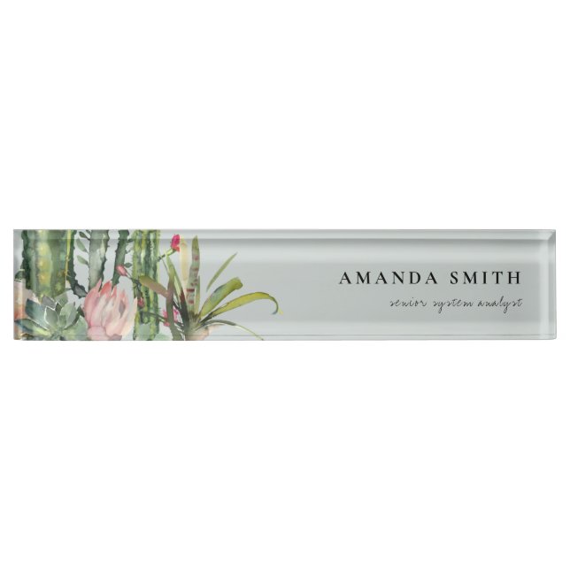 GREY PINK FLORAL DESERT CACTI FOLIAGE WATERCOLOR NAMEPLATE (Front)