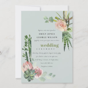 GREY PINK FLORAL DESERT CACTI FOLIAGE WEDDING INVITATION