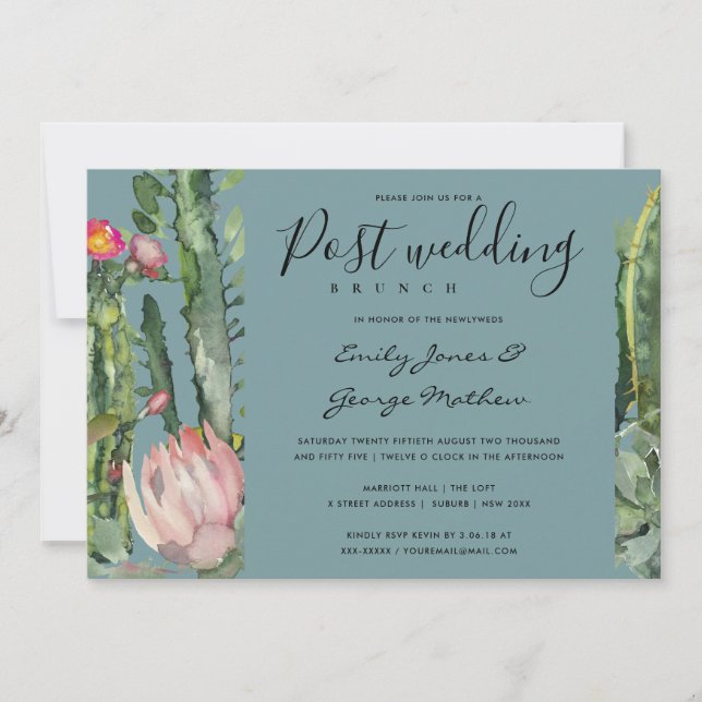 GREY PINK FLORAL DESERT CACTI  POST WEDDING BRUCH INVITATION (Front)