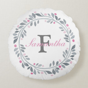 Grey Pink Floral Double Monogram Elegant Round Cushion