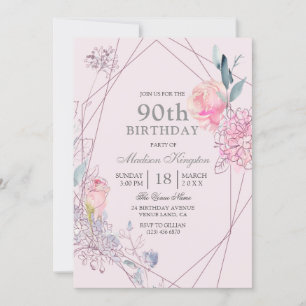 Grey & Pink Floral Geometric 90th Birthday Party Invitation