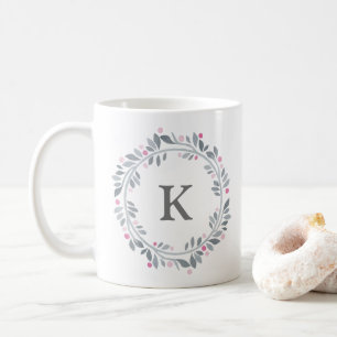 Grey Pink Floral Monogram  Coffee Mug