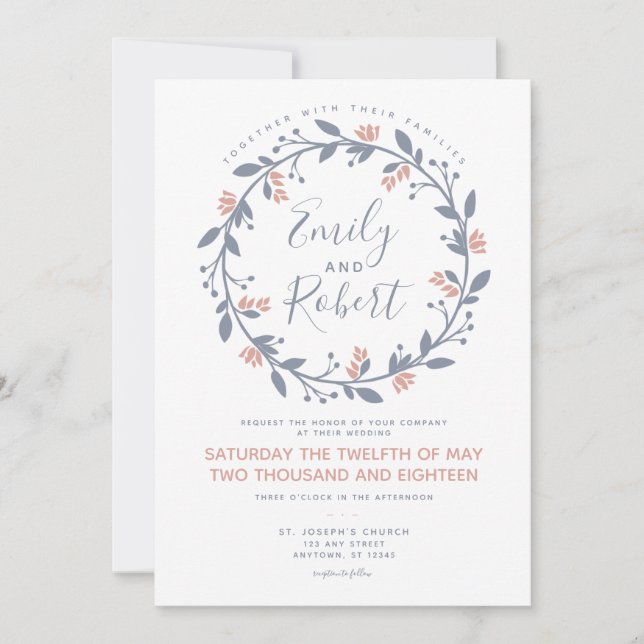 Grey Pink Floral Wreath Modern Wedding Invitation (Front)