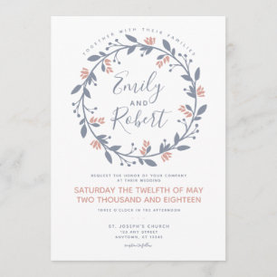 Grey Pink Floral Wreath Modern Wedding Invitation