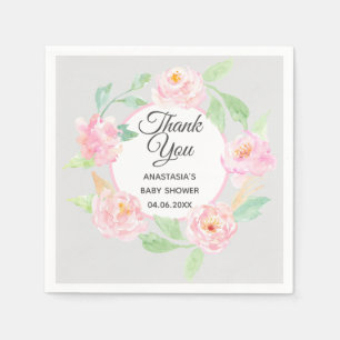 Grey & Pink Floral Wreath Thank You Baby Shower Napkin