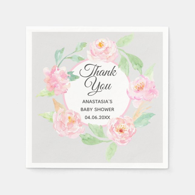 Grey & Pink Floral Wreath Thank You Baby Shower Napkin (Front)