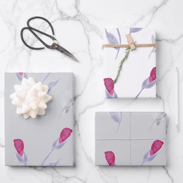 Grey Pink Flowers Birthday Wrapping Paper Sheet (Front)