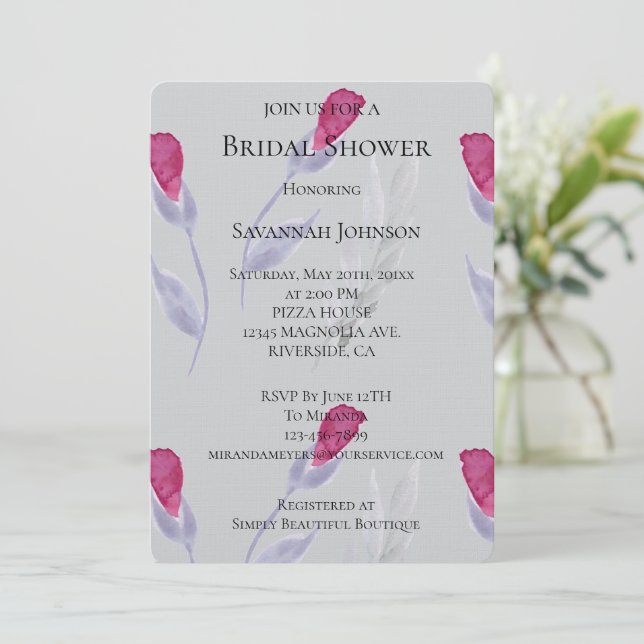 Grey Pink Flowers Bridal Shower  Invitation (Standing Front)