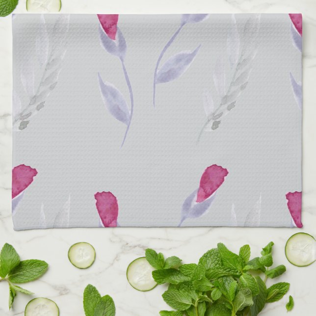 Grey Pink Flowers   Tea Towel (Folded)