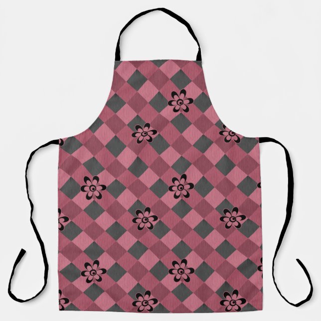 Grey pink geometric chequered pattern with flowers apron (Front)