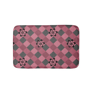 Grey pink geometric chequered pattern with flowers bath mat