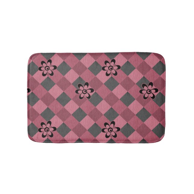 Grey pink geometric chequered pattern with flowers bath mat (Front)