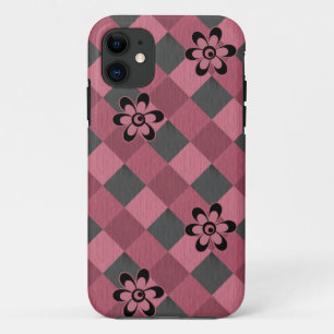 Grey pink geometric chequered pattern with flowers iPhone 11 case