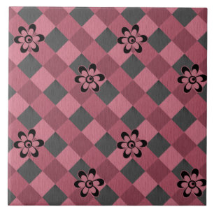Grey pink geometric chequered pattern with flowers ceramic tile