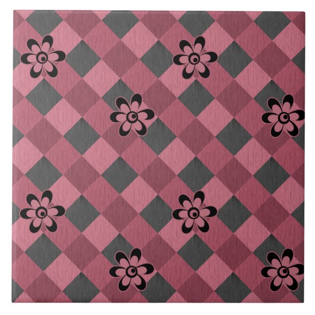 Grey pink geometric chequered pattern with flowers ceramic tile (Front)