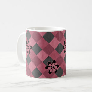 Grey pink geometric chequered pattern with flowers coffee mug