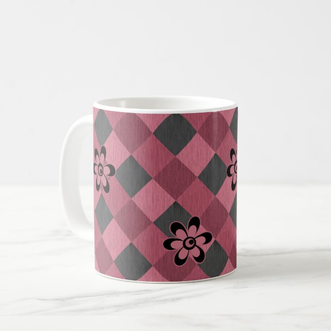 Grey pink geometric chequered pattern with flowers coffee mug (Front Left)