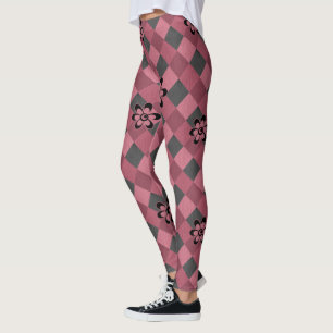 Grey pink geometric chequered pattern with flowers leggings