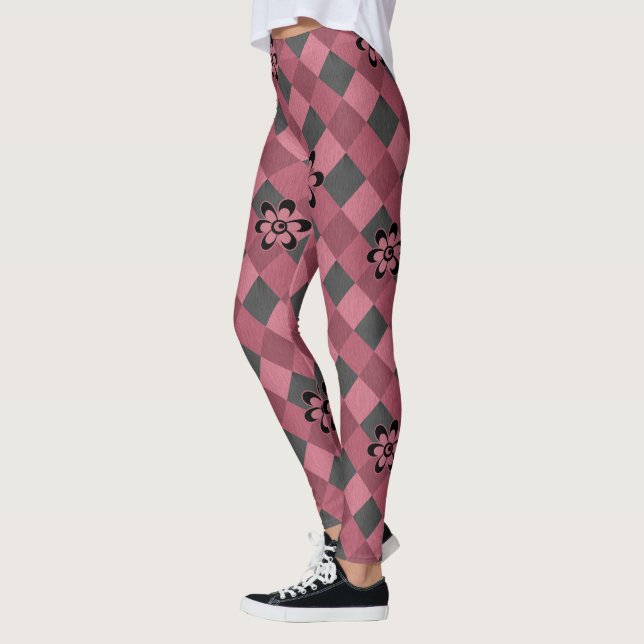 Grey pink geometric chequered pattern with flowers leggings (Left)