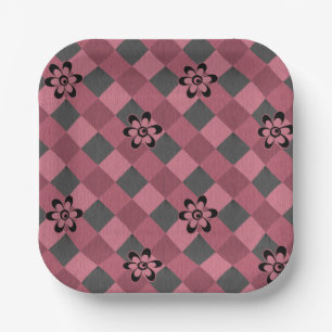 Grey pink geometric chequered pattern with flowers paper plate