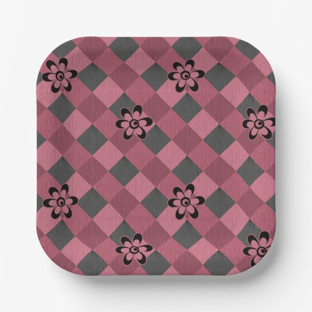 Grey pink geometric chequered pattern with flowers paper plate (Front)